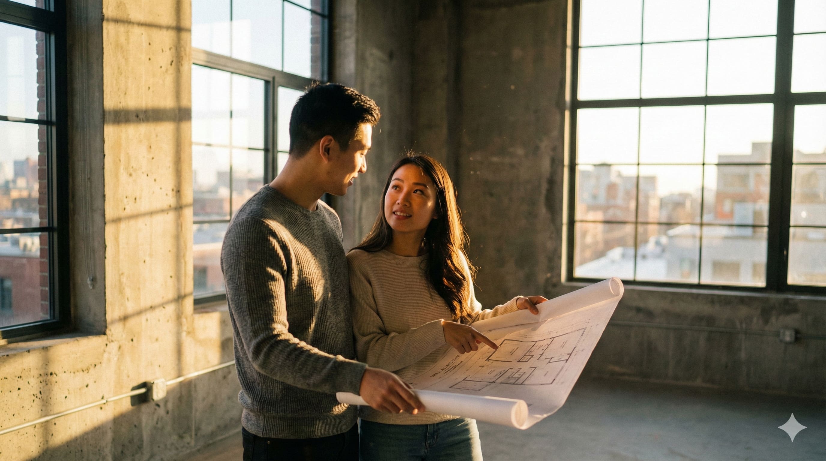 年輕夫妻看著房屋平面圖討論買房計畫