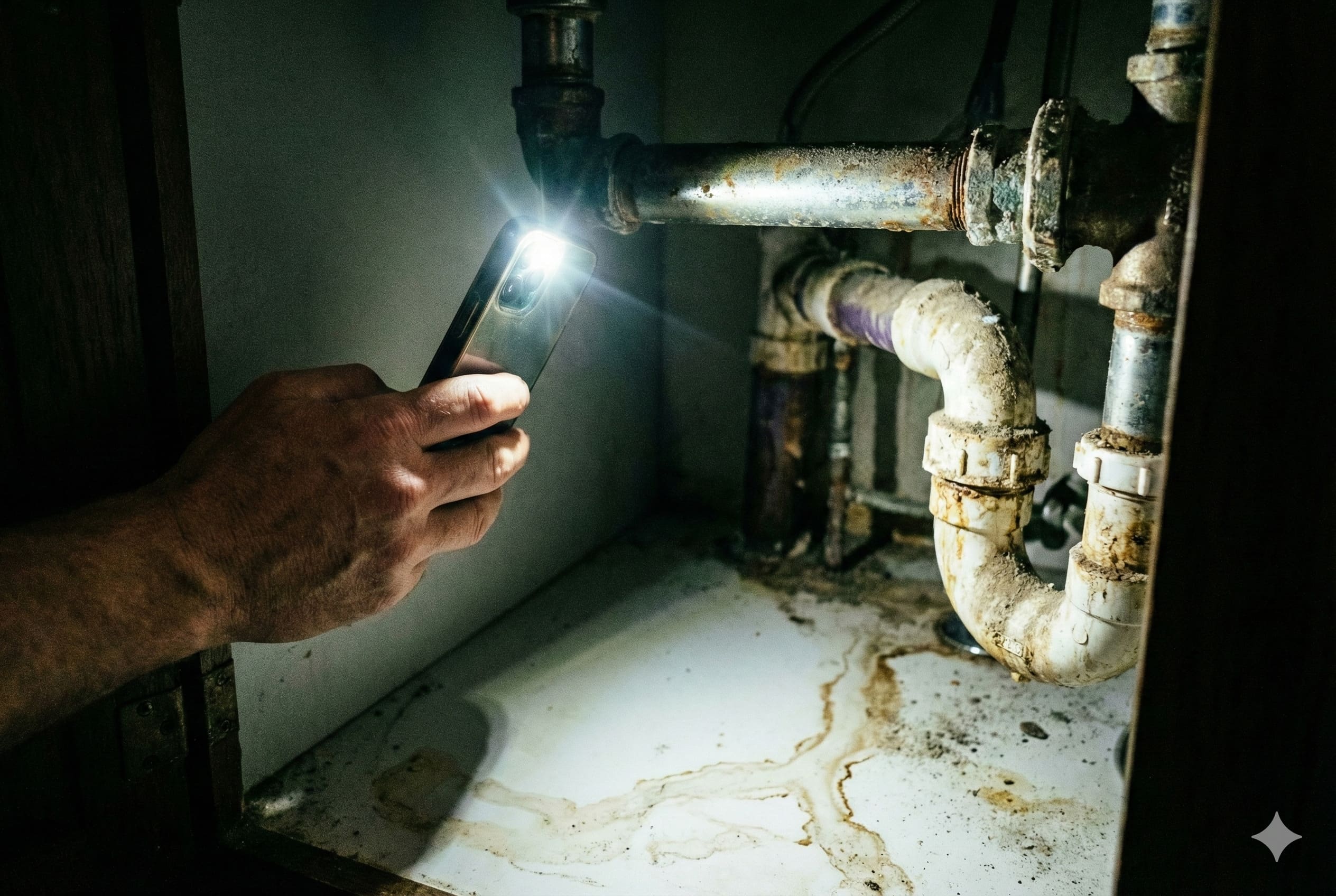 看屋檢查漏水技巧：使用手電筒檢查水管與壁癌