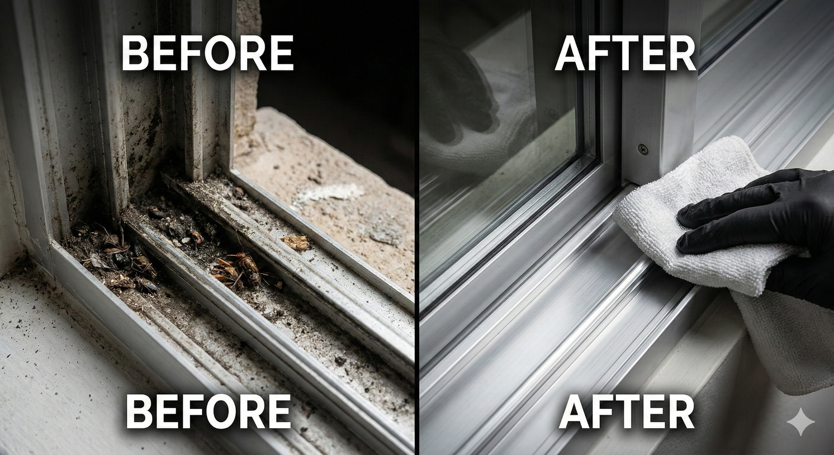 窗溝拆洗前後對比：徹底清除水泥塊與陳年汙垢