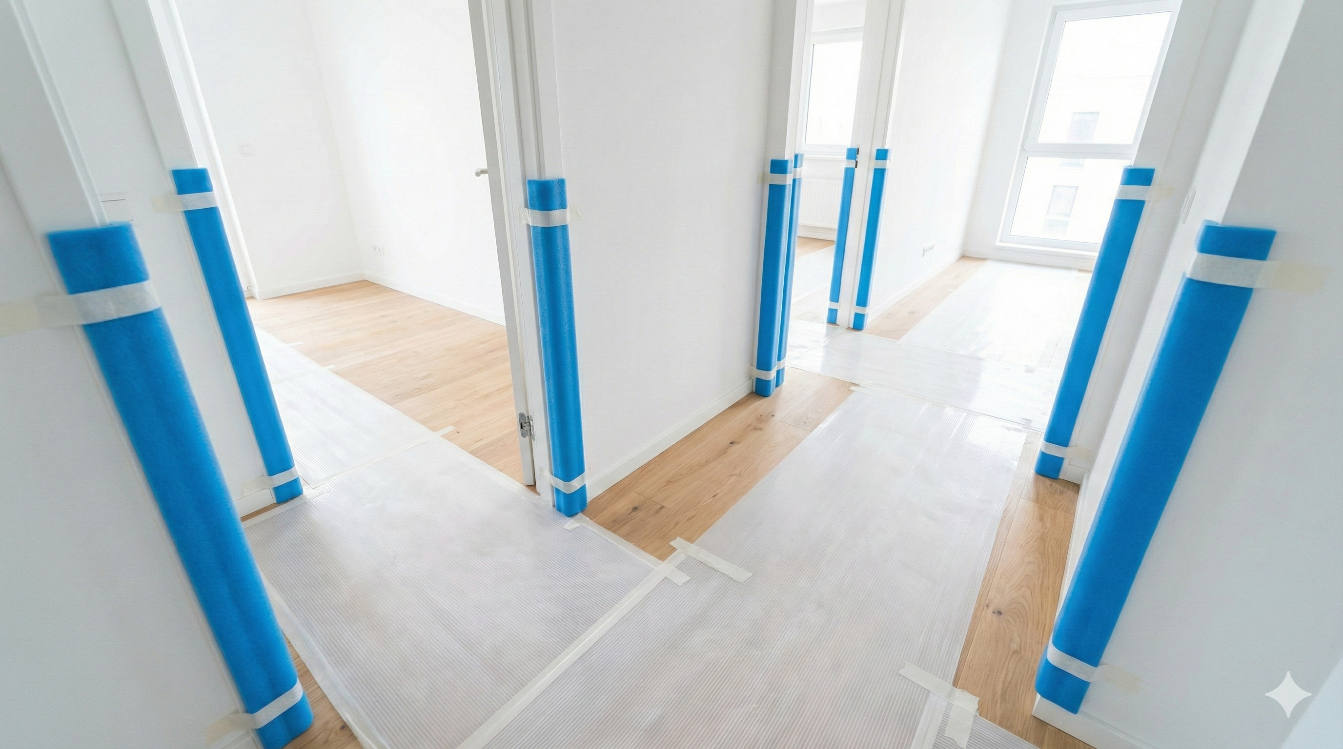 搬家防護工程：地板與門框鋪設保護板防止刮傷