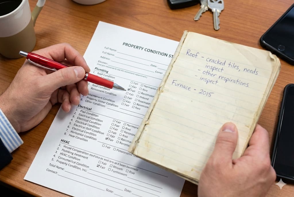 現況說明書檢核表，仔細比對屋況