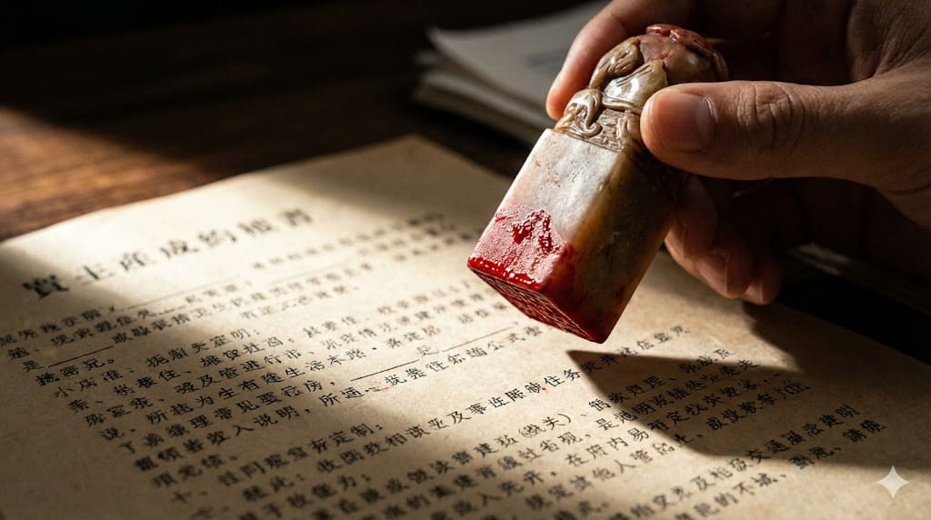 買房簽約時使用的印鑑章與合約書，象徵法律效力