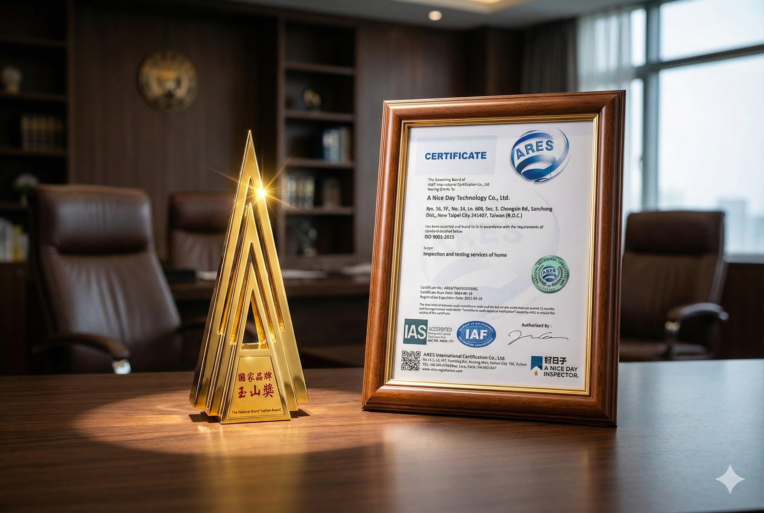 國家品牌玉山獎與 ISO9001 認證證書